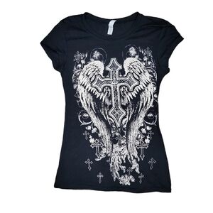 Amw apparel y2k cyber goth shirt rhinestone bedazzled black white cross size m